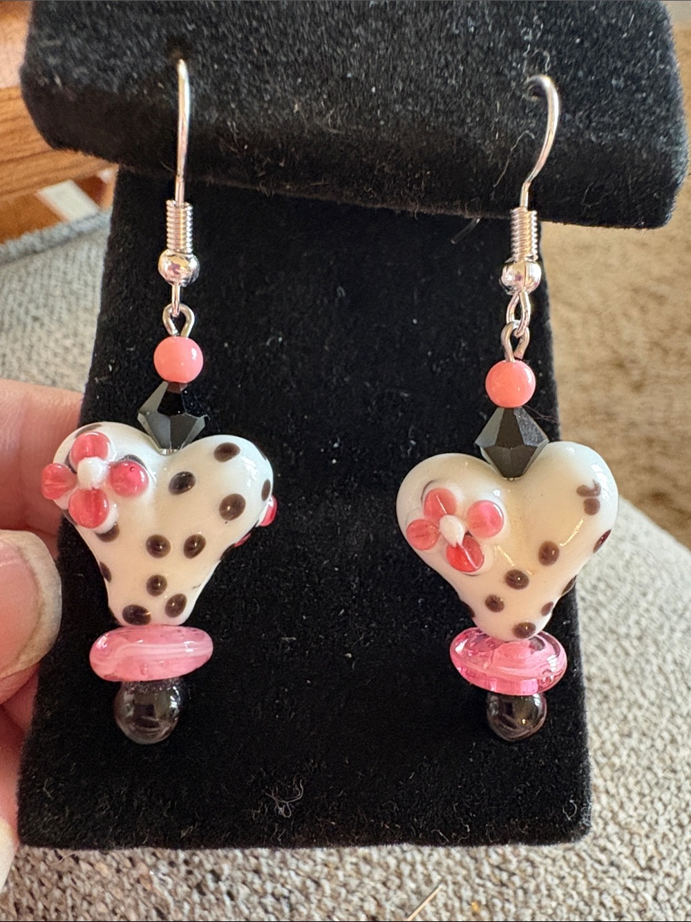 Hand Crafted Glass Heart Drop Earrings with Pink and Black Accents